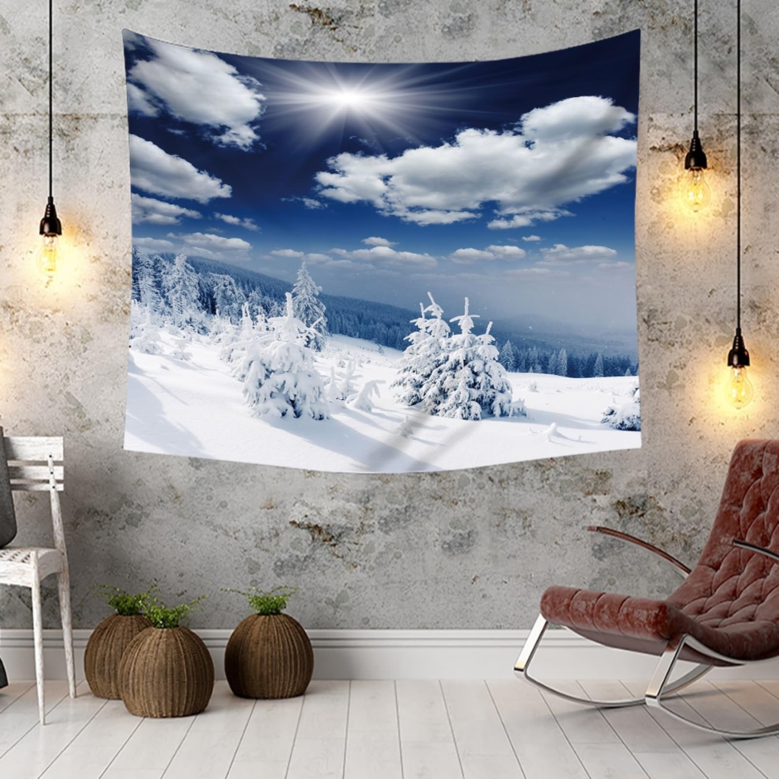 KnSam Wandteppiche, Sonnenschein Himmel Schnee Wald Wandteppich Landschaft Natur Tapisserie Wandbehang XXL Polyester Wanddekoration mit Art Nature Dekorationen, Blau Weiß, 350x256cm