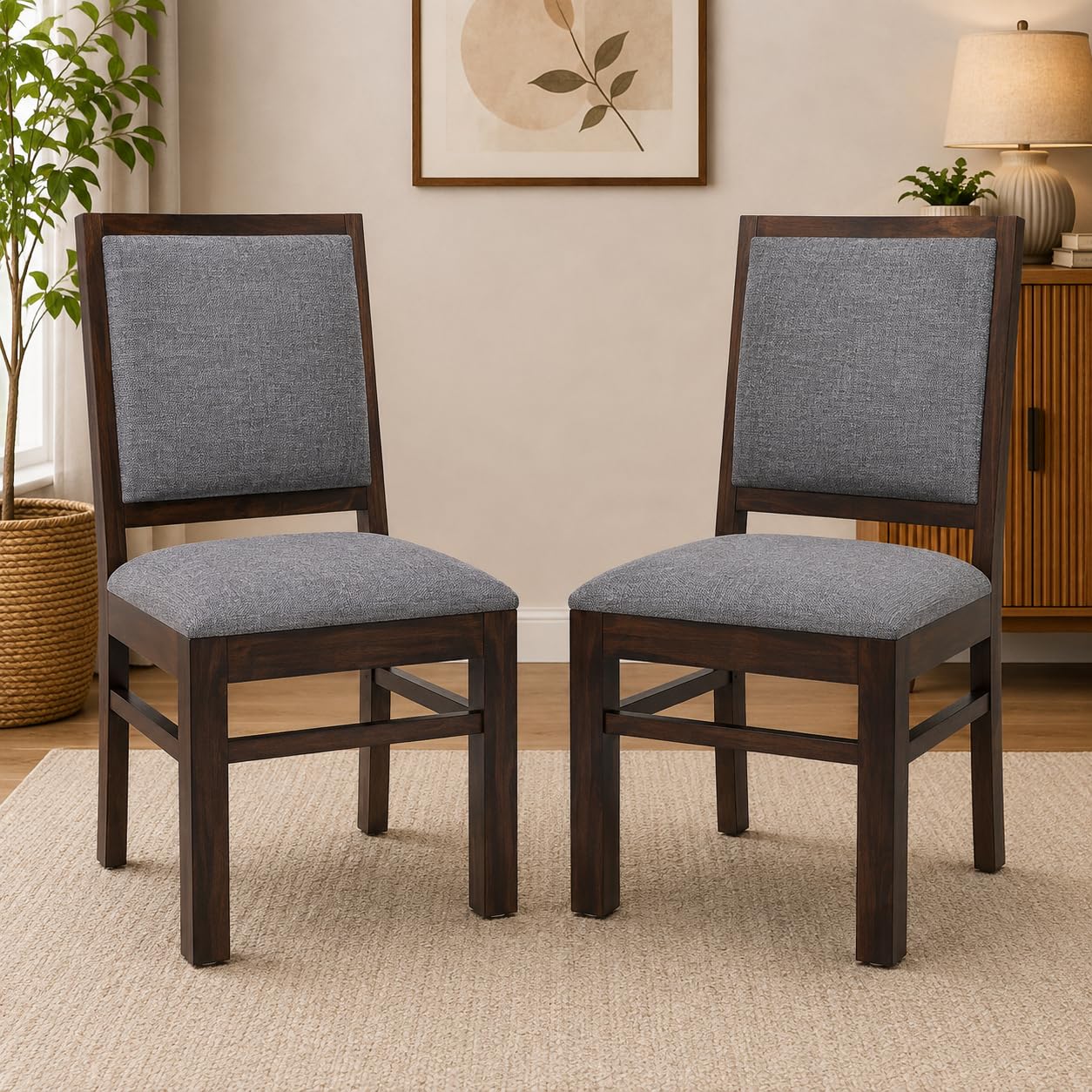 KENDALWOOD Furniture Solid Sheesham Wood Dining Chair | Multipurpose Chair Set of 2 for Home | Walnut Finish with Grey Cushions-picture-31