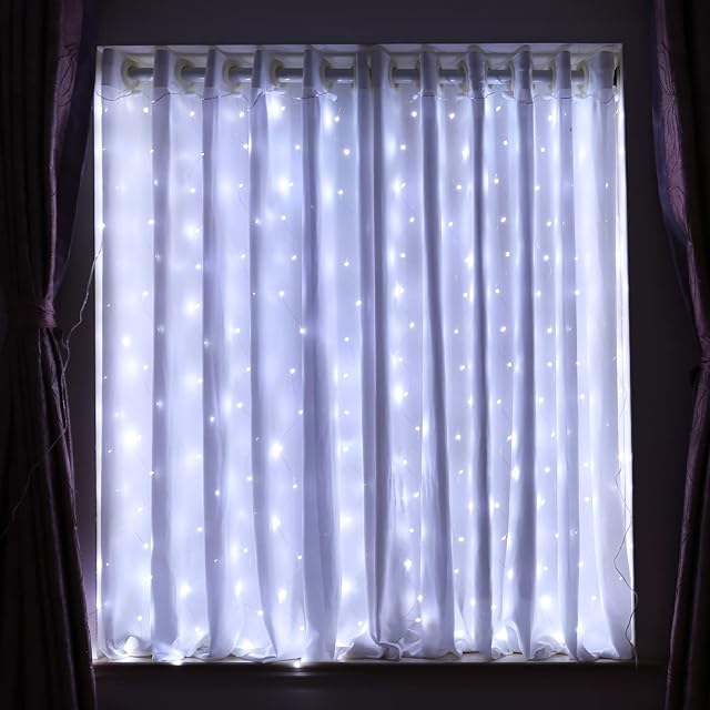 HXWEIYE White Short Curtain Lights for Small Window, 3.3x5Ft 8 Mode Fairy Light with Timer & 8 Hooks for Bedroom, Battery Powered 96Led String Light for Indoor Weddings Party Garden Decor