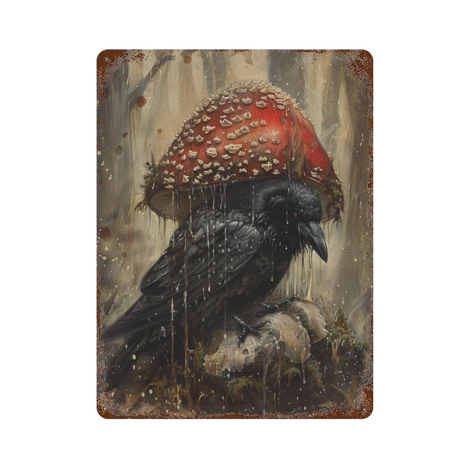 Mystical Forest Crow with Mushroom Hat 15.7"x11.8" Vintage Rust Metal Sign, Novelty Wall Decor for Living Room, Hallway And Home Decor