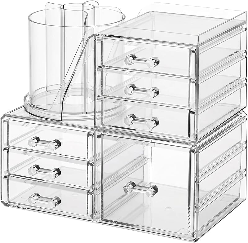 Organizador de maquiagem ShineMe em acrílico transparente, empilhável, com 2 módulos, 7 gavetas e porta-pincéis giratório