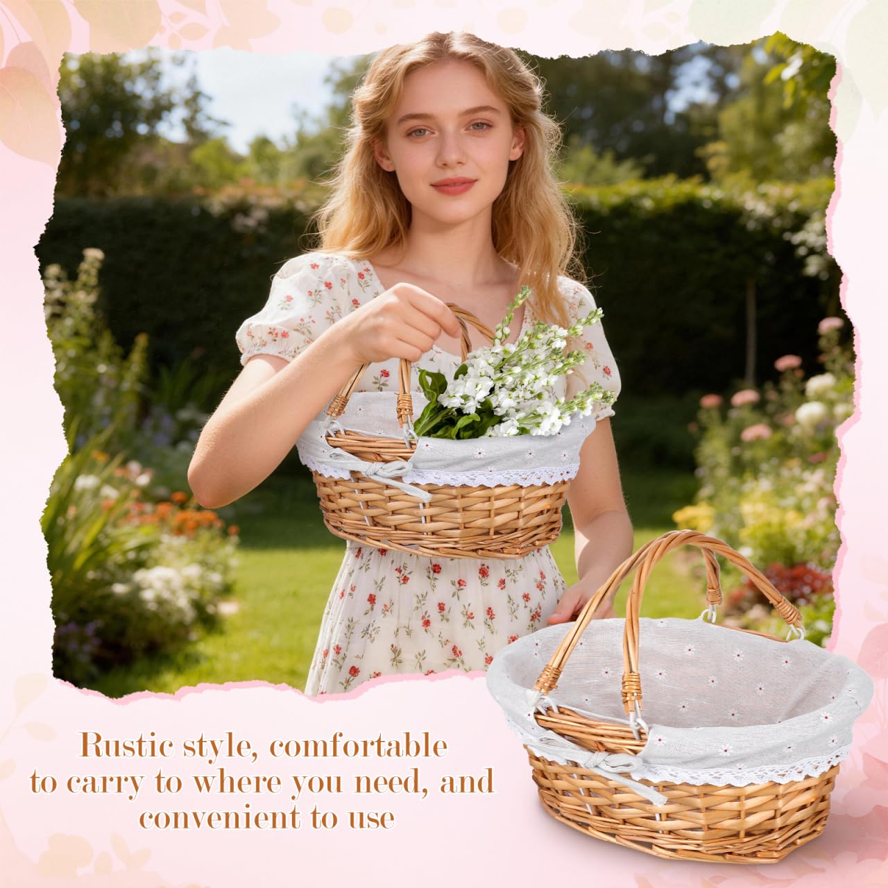 Toddmomy Weidenkorb mit Henkel, Geflochtener Picknickkorb aus Natur-Weide, Handgearbeiteter Einkaufskorb mit Stoffeinlage, Lebensmittelecht Pilzkorb für Ernte & Garten, Osterkorb Präsentkorb