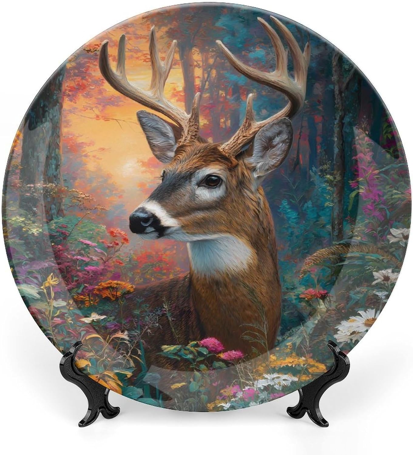 Deer Forests Hunting Novelty Decorative Plate with Display Stand Ceramic Ornament Hanging Wall Decor