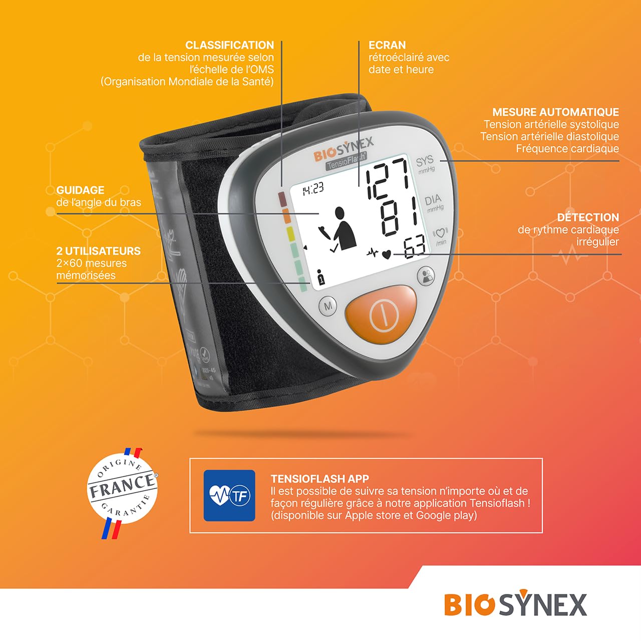 BIOSYNEX - TensioFlash - Tensiomètre Poignet Fabriqué en France - Mesure la Tension Artérielle et la Fréquence Cardiaque - Arythmie - Hypertension - Garantie trois ans