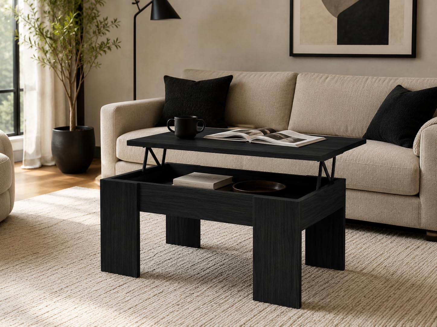 Couchtisch mit Höhenverstellbarer 100 x 45 x 50 cm. Platte Kaffeetisch ausziehbarer Wohnzimmertisch Sofatisch für Wohnzimmer, Büro, Schwarze Holzoptik.