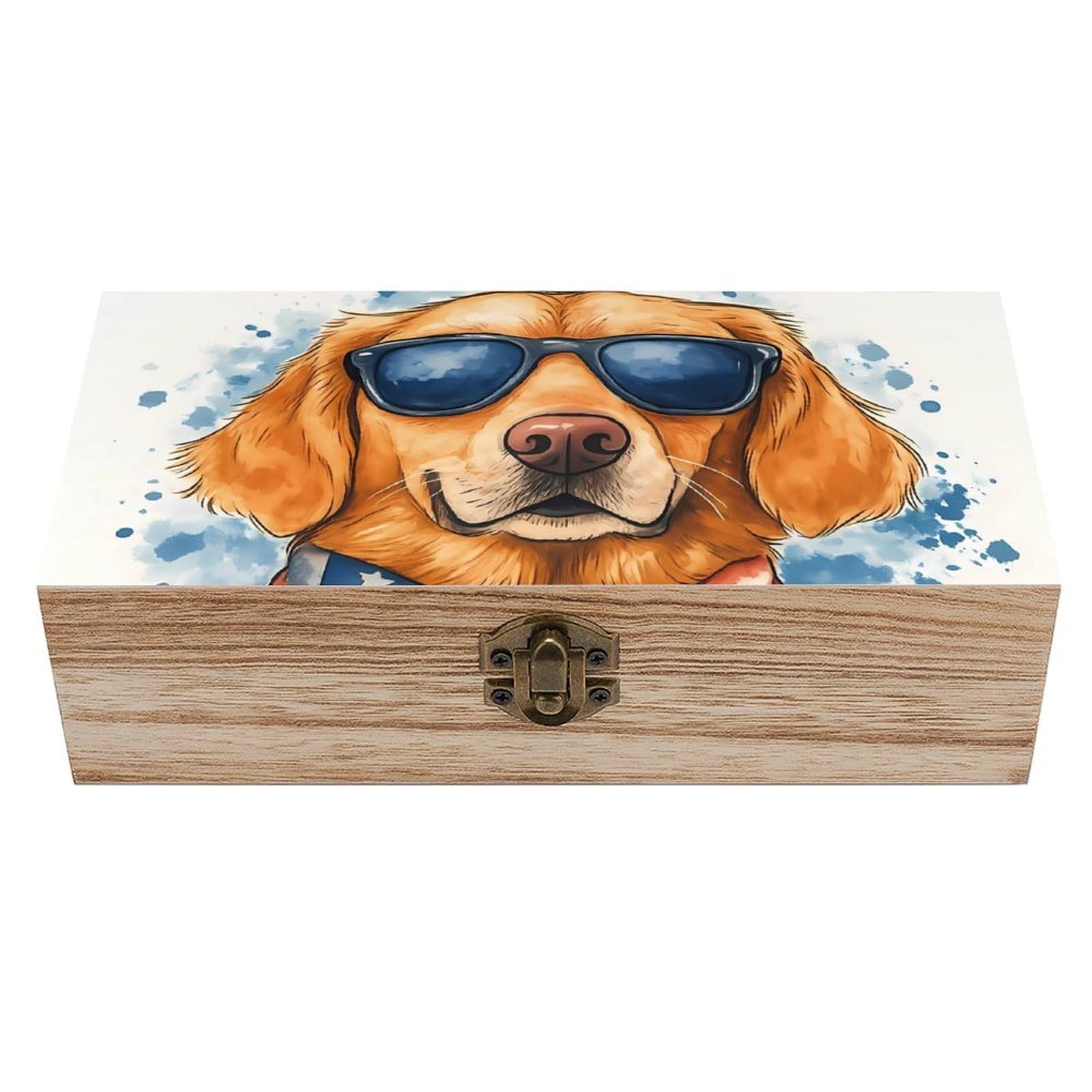 HLBSDM Watercolor Cool Golden Retriever Retro Wooden Storage Box Jewelry Art Gift Boxs Decorative Keepsake Boxes