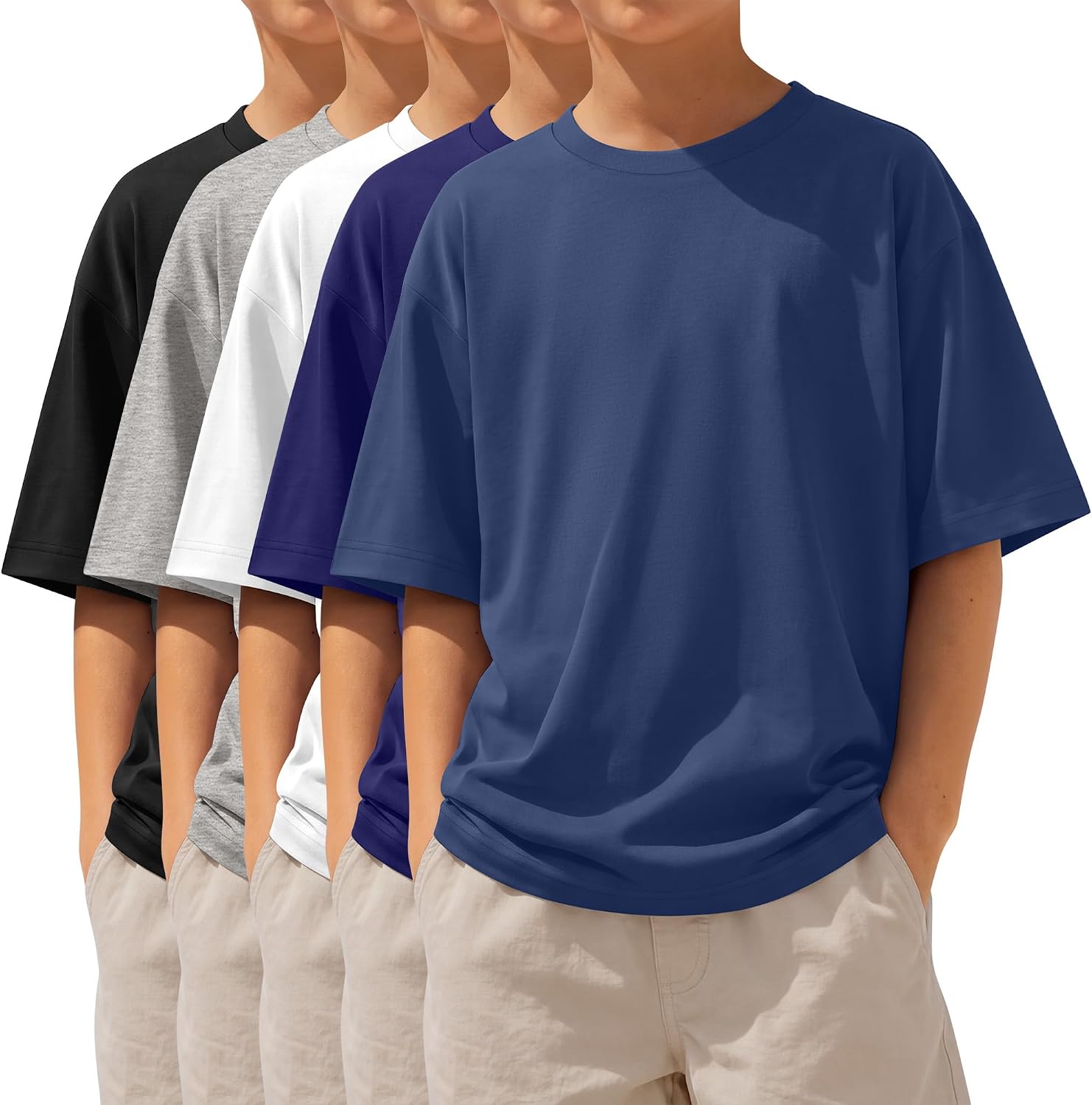Oakgarden 5 Pack Boys Short Sleeve Shirts Kids Oversized Crew Neck T-Shirts Teen Loose Fit Basic Plain Tees 5-14 Years