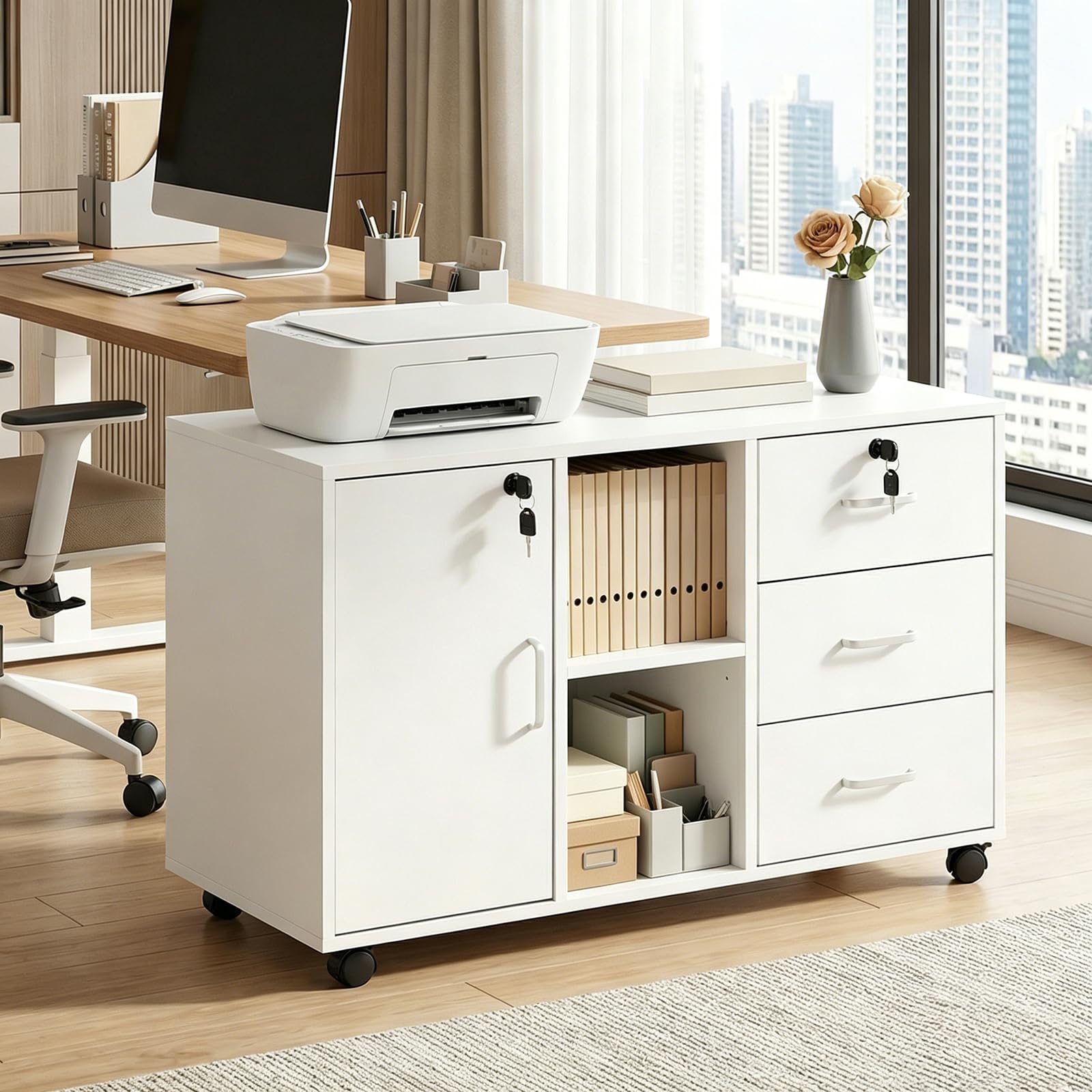 Buybyroom Caisson de Rangement, Meuble Bureau à 4 Roulettes, 3 Tiroirs, 2 Compartiments Ouverts à Étagères Réglables,Verrouillable Armoire sous Bureau pour Papier Administratif, Imprimante,Salon,Blanc