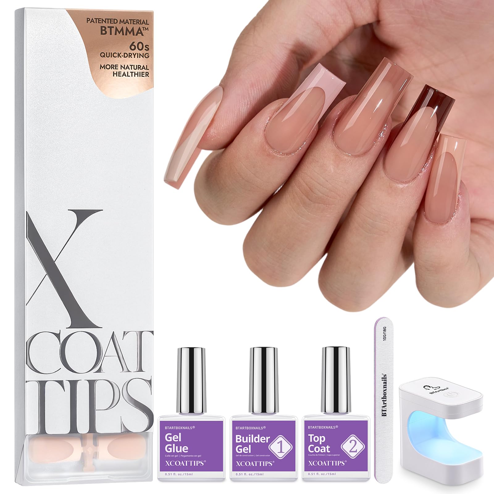 BTArtboxnails XCOATTIPS Nails Press Ons - Skin Tones Press on Nails Square, Long Soft Gel Nail Tips with Nail Gel, French Protecting Duo, Nail Lamp, All in One Fake Nail Extension Kit