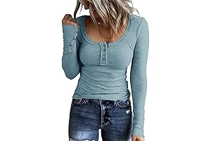 Women's Long Sleeve Henley T-Shirt, Minimalist Slim Fit Button Down Scoop Neck Ribbed Knit Tops