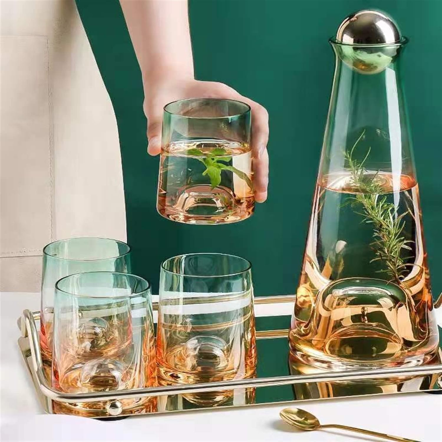 Wasserkaraffe 1-Liter-Wasserkrug, Farbverlaufsglas-Wasserkrug, Wasserflaschen-Wasserkocher-Set mit 270-ml-Tassen*2, Eistee-Krug für Kaffee/Saft Getränkespender