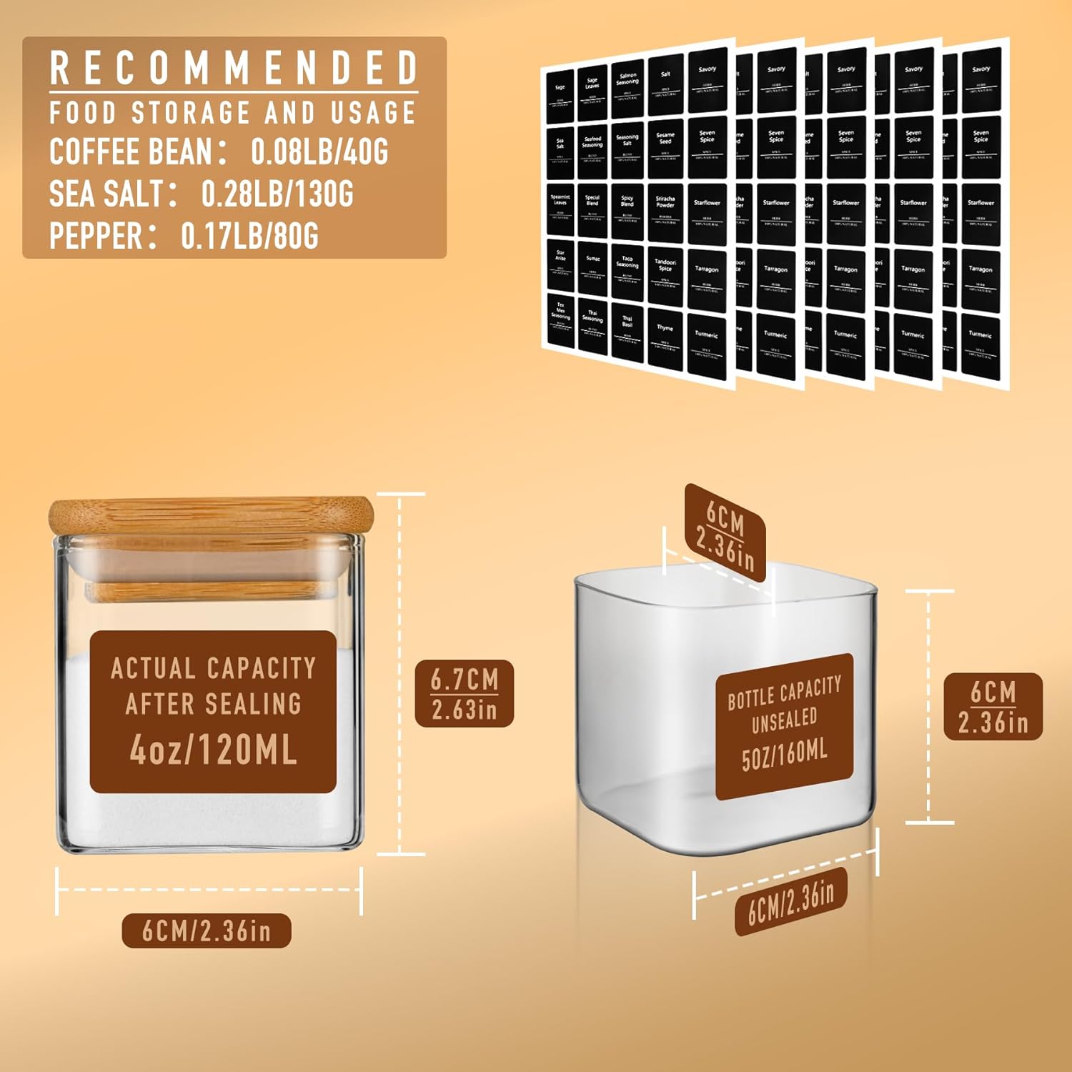 5oz Airtight Square Spice Containers with Bamboo Lid Set of 12 with Black Lables Storage Stackable Spice Jar, Kitchen Canister for Sugar, Tea, Flour, Salt and Seasonings (Clear Glass) - Image 2