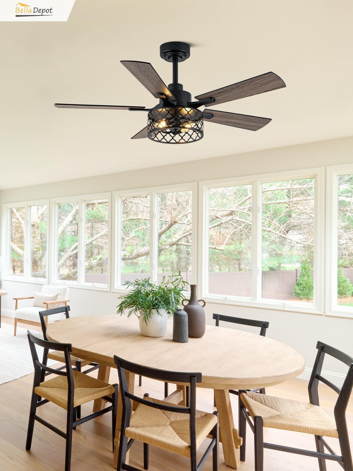 Bella Depot 46" Ceiling Fan with Light Farmhouse Caged Chandelier Fan with Remote Vintage Rustic Indoor Fandelier with Silent Motor for Dining Living Room Bedroom, (Bulbs not Included)