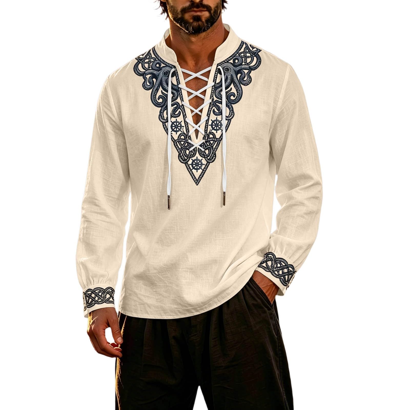 Classic Themed Men's Long Sleeve Shirt for Adventure Nautical Style Top with for Everyday Wear and Cosplay (g-Beige, L) โ image 1