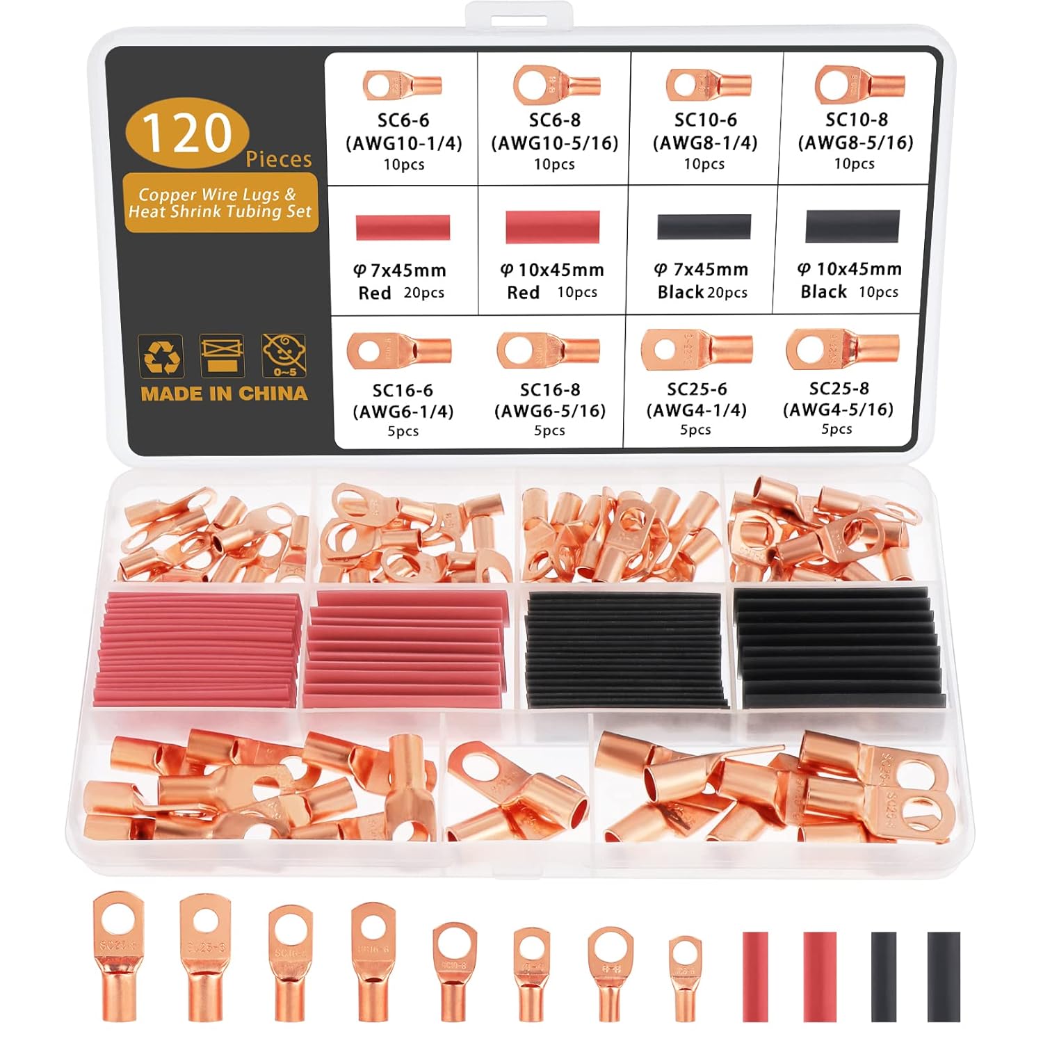 Gueenky 200 Stück Kabelschuh Set | 6-25mm² Ringkabelschuhe | Mit Schrumpfschlauch M6 M8