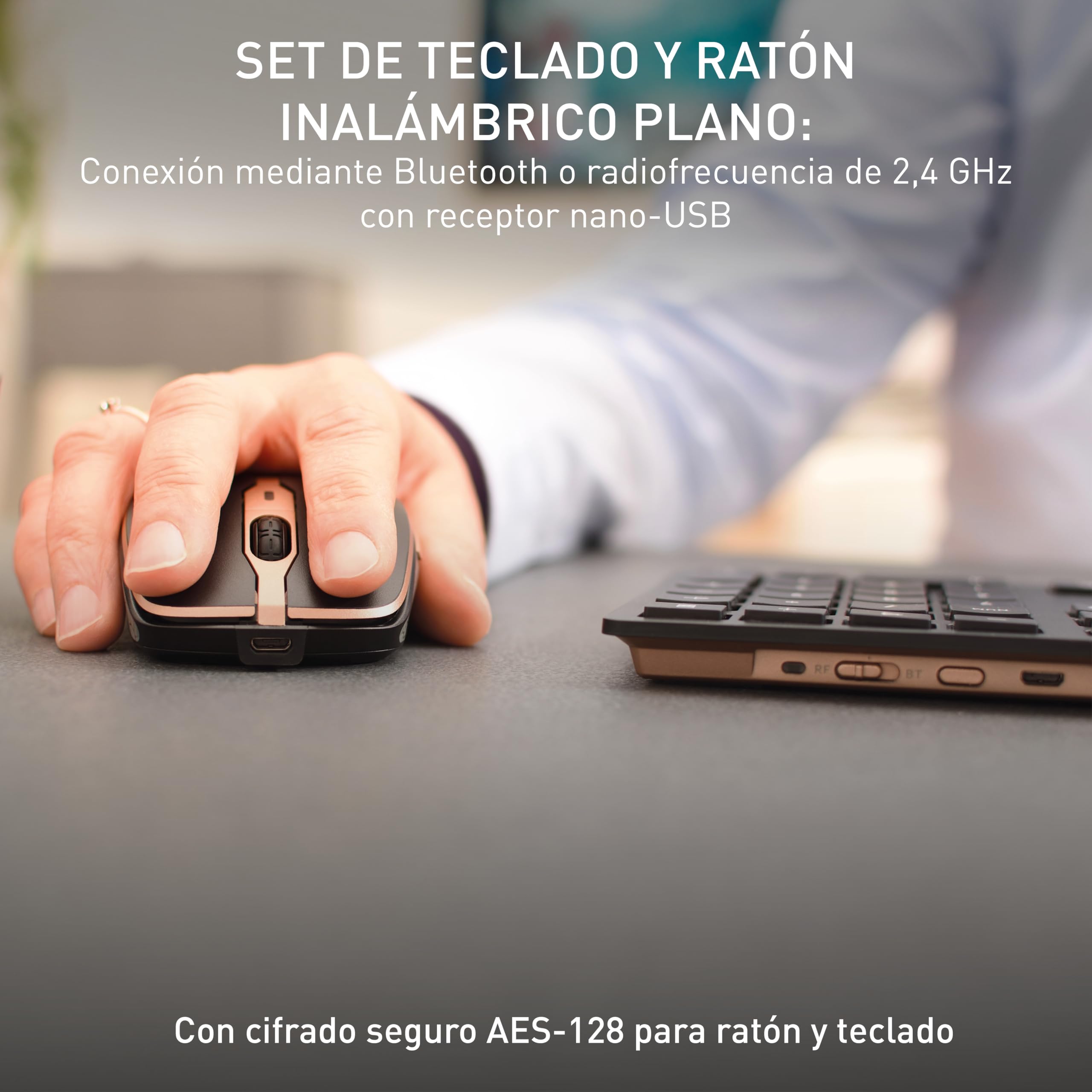 Cherry DW 9100 Slim, Pack de Teclado y Ratón Inalámbricos, Distribución de Teclado Español (QWERTY), Bluetooth y Radiofrecuencia de 2,4 GHz, Teclas Silenciosas, Recargable, Negro/Bronce
