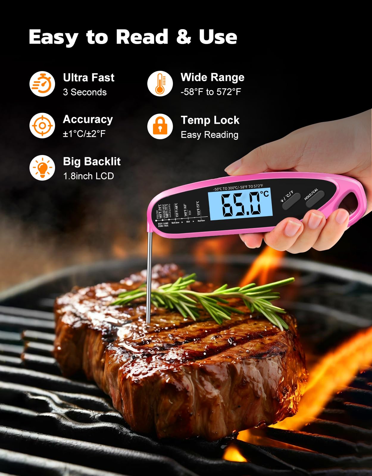Termómetro digital de carne de lectura instantánea para cocinar y asar con doble sonda, pantalla retroiluminada grande y calibración automática, termómetro de alimentos para parrilla, ahumador