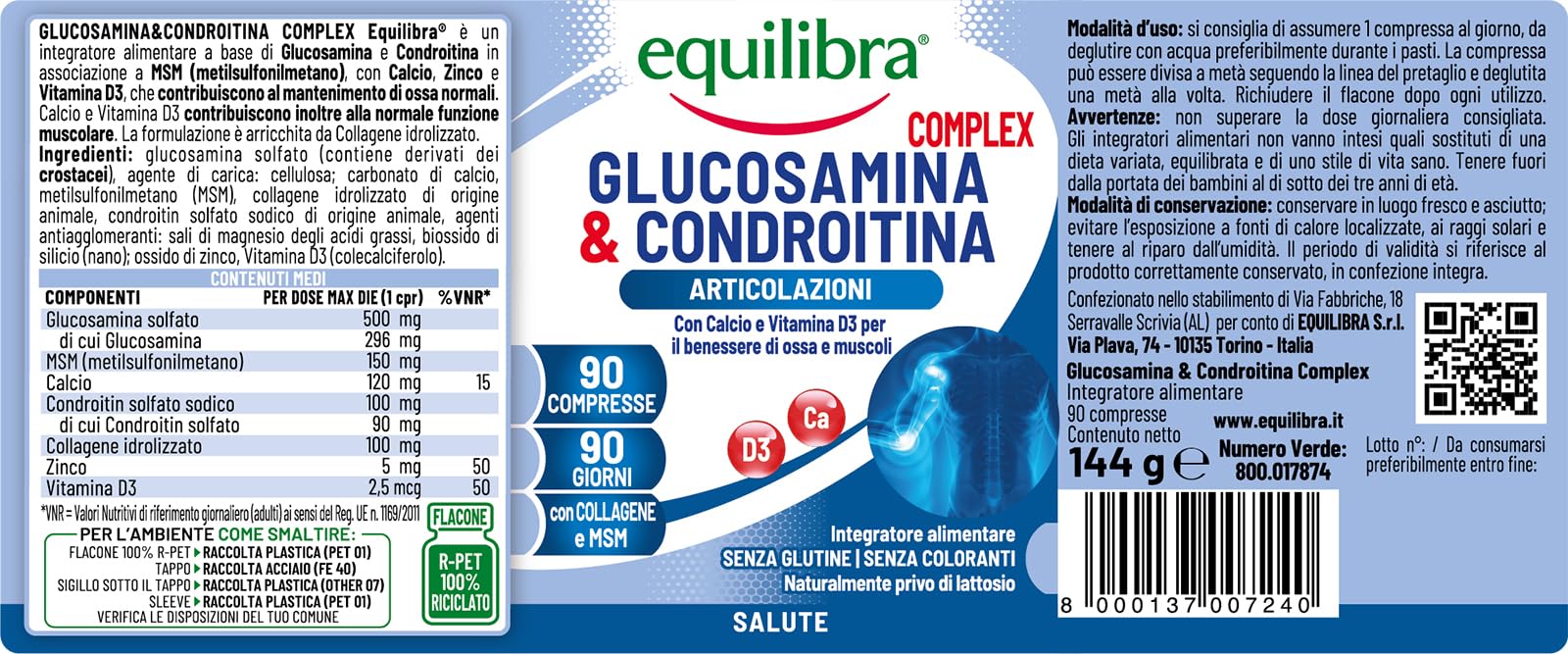 Equilibra Integratori Alimentari, Glucosamina & Condroitina Complex, Integratore a Base di Glucosamina e Condroitina, con MSM, Calcio, Zinco e Vitamina D3, Per le Articolazioni, 90 compresse
