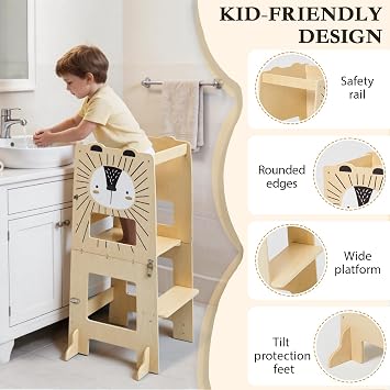 Toddler Kitchen Tower, Foldable Montessori Learning Standing Tower, 2-in-1 Toddler Kitchen Stool with Chalkboard Waldorf Kitchen Steps Helper Stool for Kids in Kitchen Bathroom and Kids Room (Lion)
