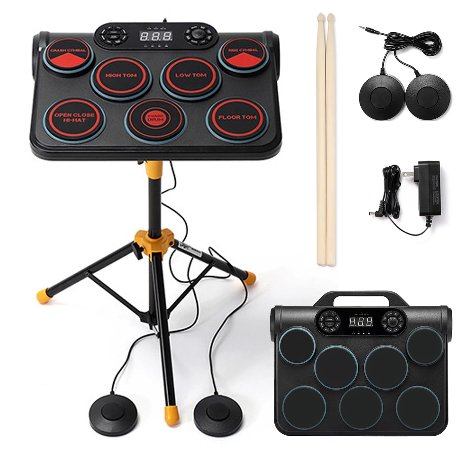 Kit di batteria elettronica portatile, set di batteria digitale avvolgibile con 7 pad con pedali, altoparlanti integrati, display a LED, supporto BT/PC/MIDI per principianti e pratica