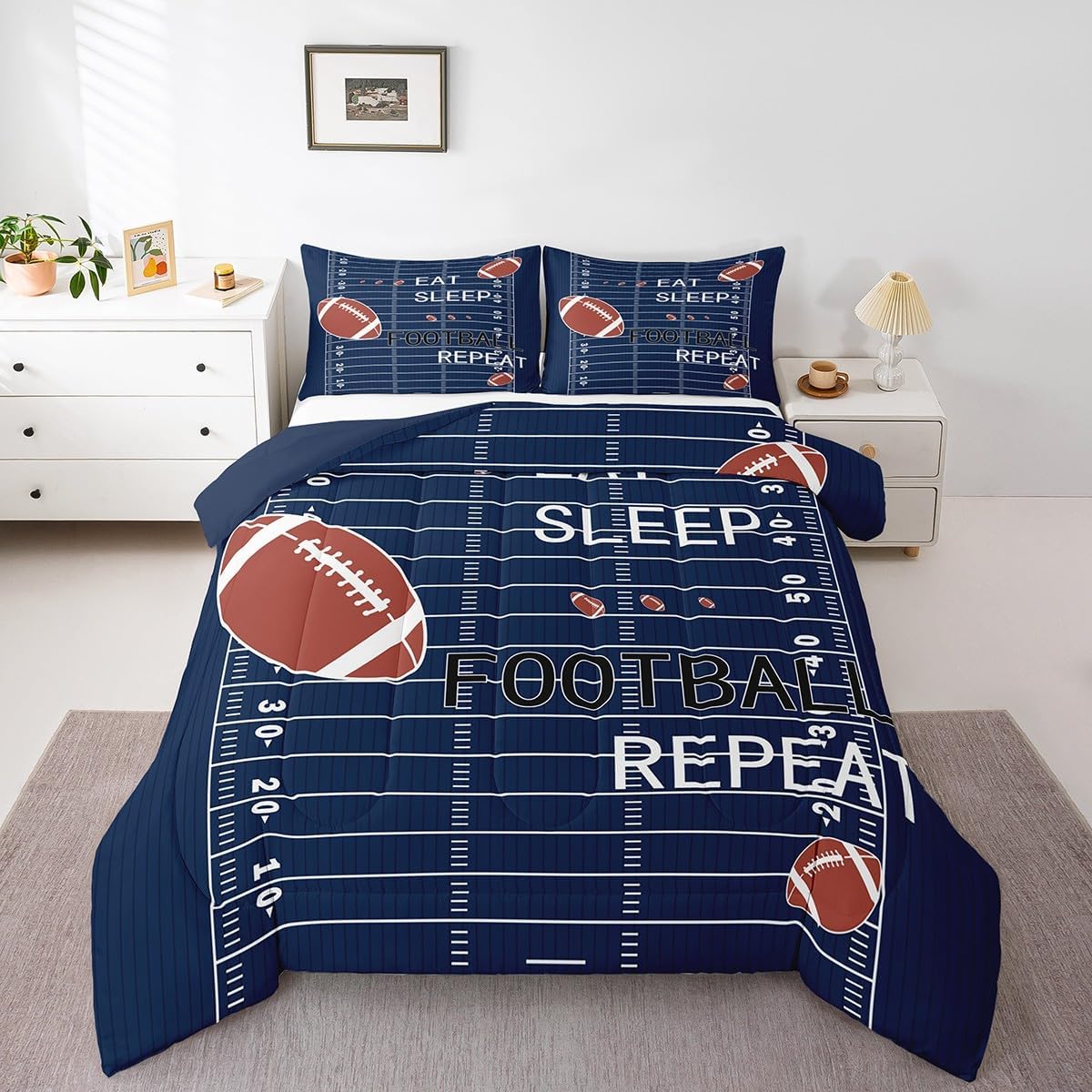 jejeloiu Kids Football Comforter Set Queen Size Rugby Court Comforter Boys Girls Eat Sleep Football Ball Pattern Bedding Set Gaming Sports Theme Quilt Set