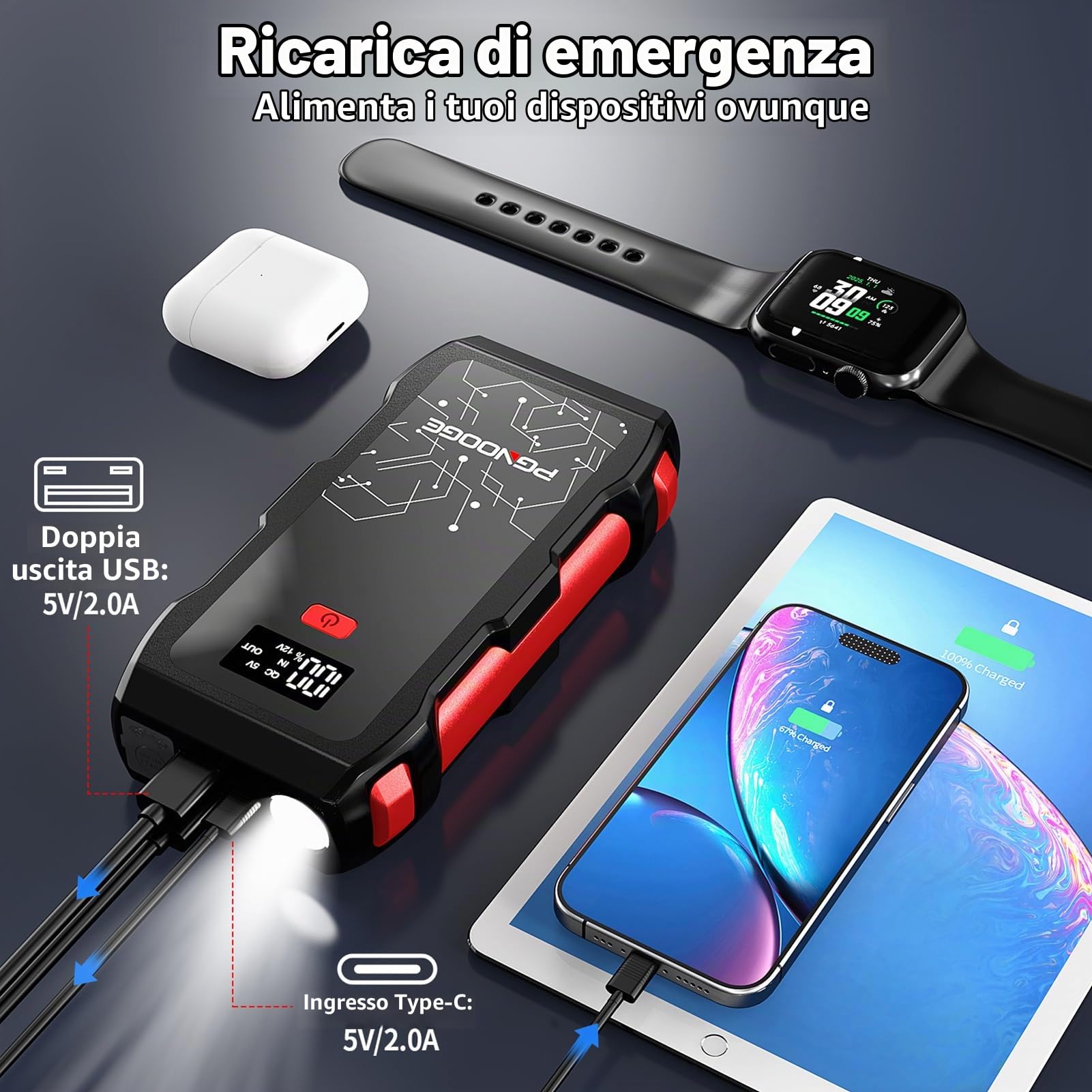 26800mAh 6000A Avviatore Booster per Auto 12V | Per tutte le auto a benzina 12V e veicoli diesel fino a 10L, Schermo digitale, Torcia, Power bank USB, Impermeabile