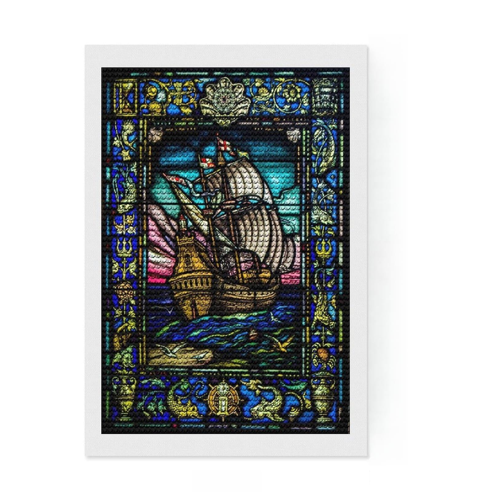 Junmoney Sailing Ship Stain Glass Round Drill Diamond Painting 8"x12", for Adults, Calming Craft to Unwind, Vintage Style Decor, Christmas Gift