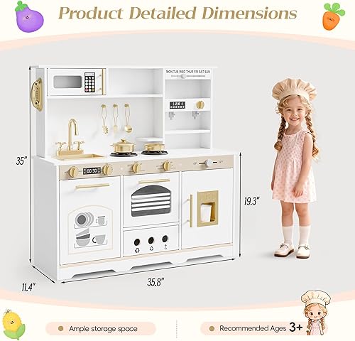 Miniatura 2 de Juego de cocina de 35.8 pulgadas para niños, cocina de juguete para niños pequeños, juego de cocina de madera 23 en 1 para niños con alimentos de