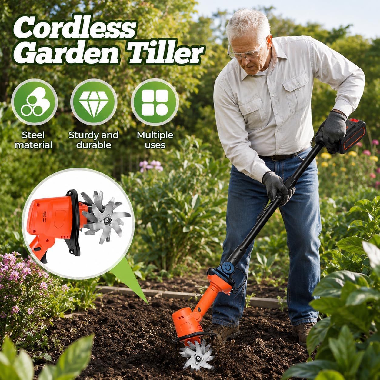 Rotavator de jardin sans fil 21 V 235 tr/min 2 piles