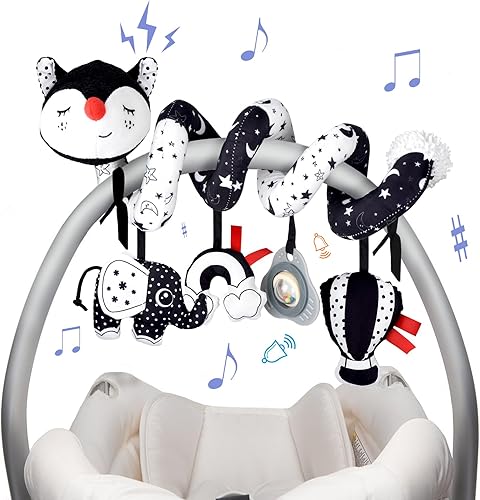 XIXILAND Juguetes de Coche Musicales para Asiento de Bebé en Negro y Blanco, Juguetes para Bebés, Juguetes para Niños de 0 a 6 Meses, Juguetes para