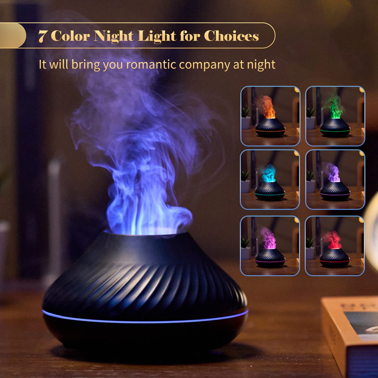 Ailgely Flame Mist Humidifier Aromatherapy Essential Oil Diffuser With 7 Color Night Light Quiet Auto-off USB Humidifier for Home Office Bedroom Baby Room