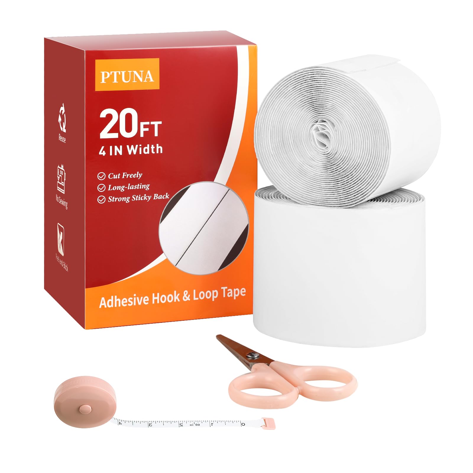 PTUNA 20Ft *4 Inch Hook and Loop Tape with Adhesive Back, Heavy Duty Double Sided Adhesive Strips, Strong Sticky Strips Roll for Home/Office/School/Car, White