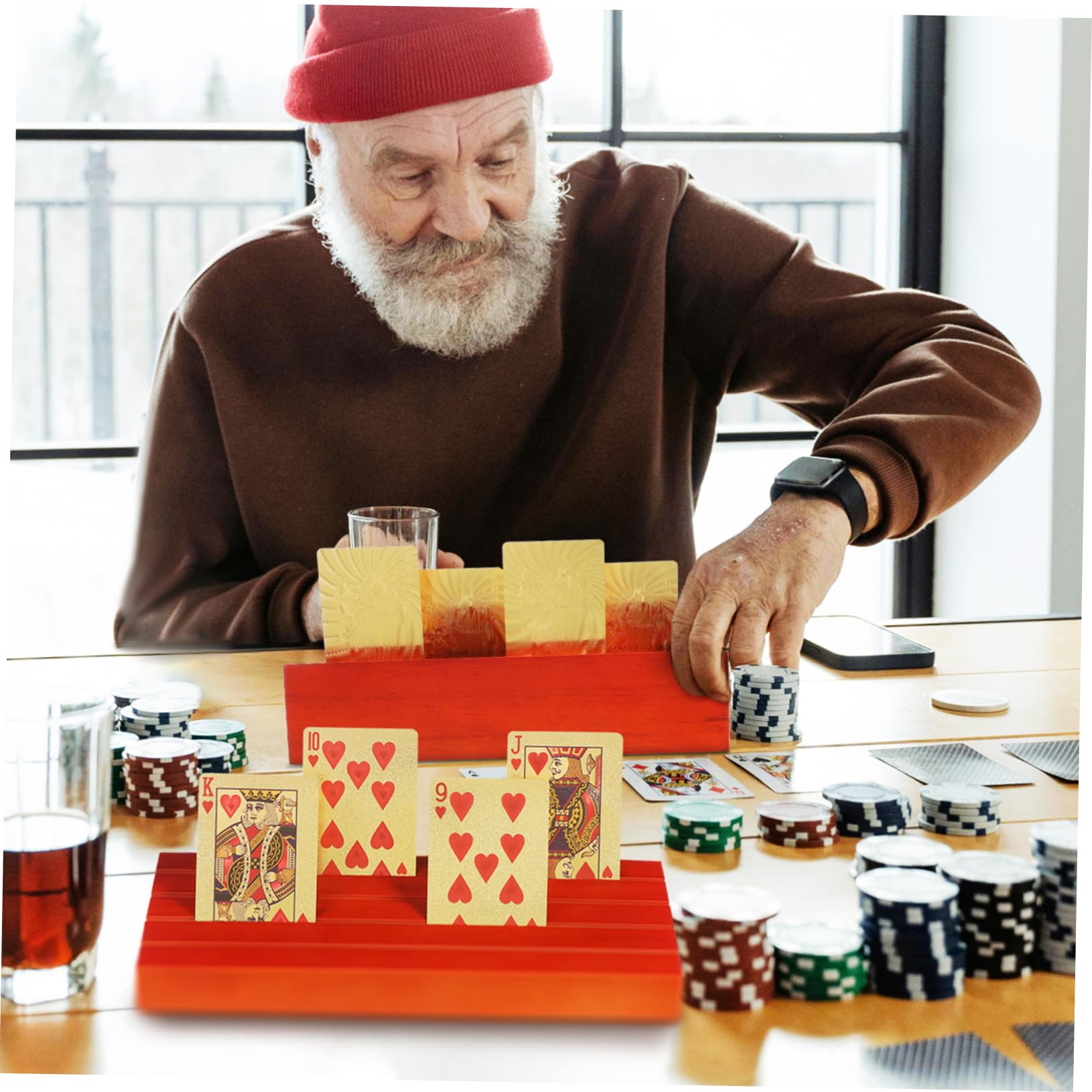 Soporte de Madera para Naipes 2 Piezas Base de Mesa Marrón | Juego para Cartas, Presentación Vertical, Acceso Rápido, Uso en Partidas y Reuniones