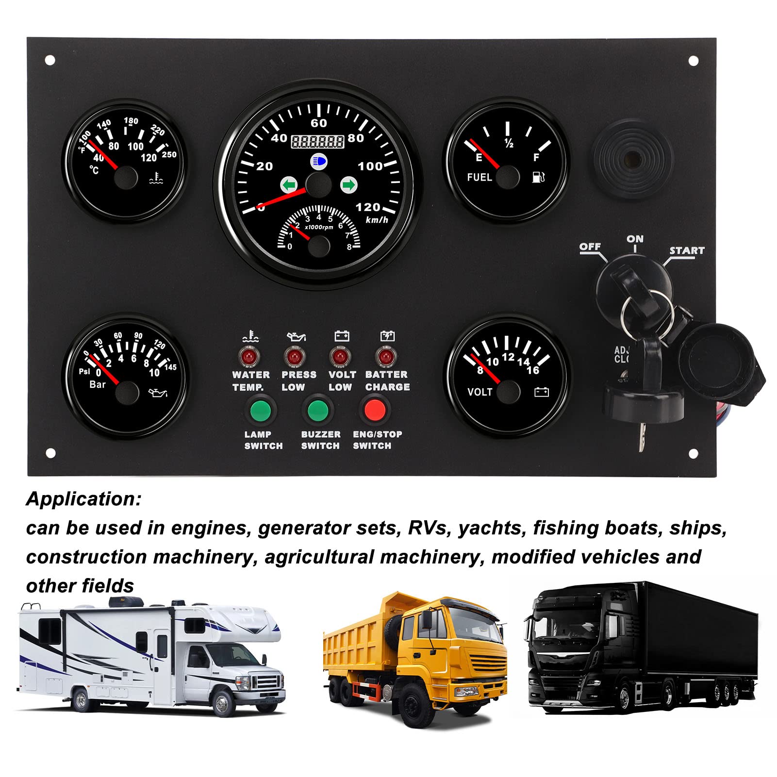 Ausla Panel de Instrumentos para Barcos Juego de Medidores Marinos de Aleación de Aluminio Pantalla Digital de 12 V 24 V con Velocímetro Temperatura Reloj de Presión de Aceite para Yates RV (#1)