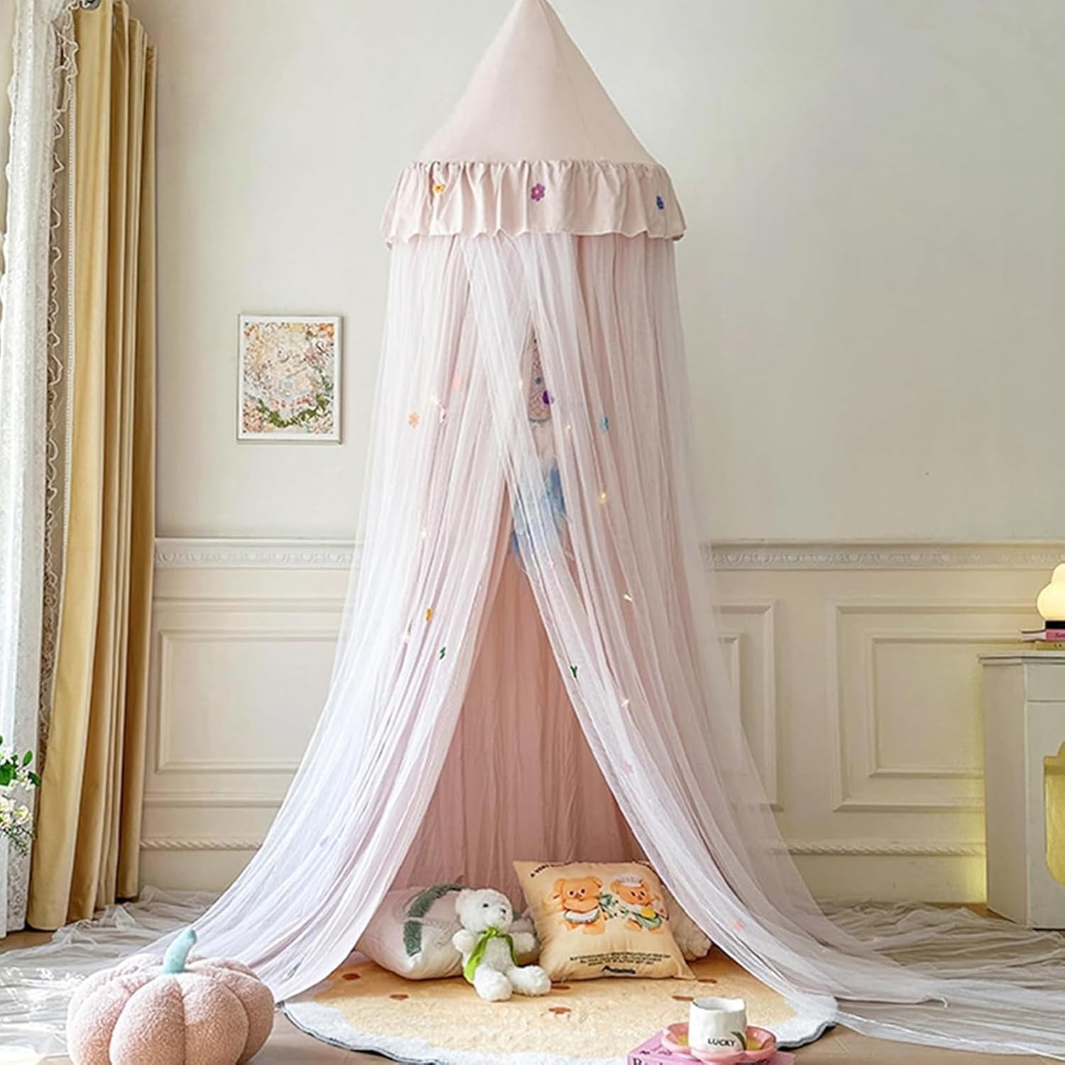 Pink Bed Canopy Mosquito Net with Star Lights，Double Layer Princess Canopy with Round Dome Play Tent for Girls Room ，Pink Dreamy Canopy/Children Reading Nook