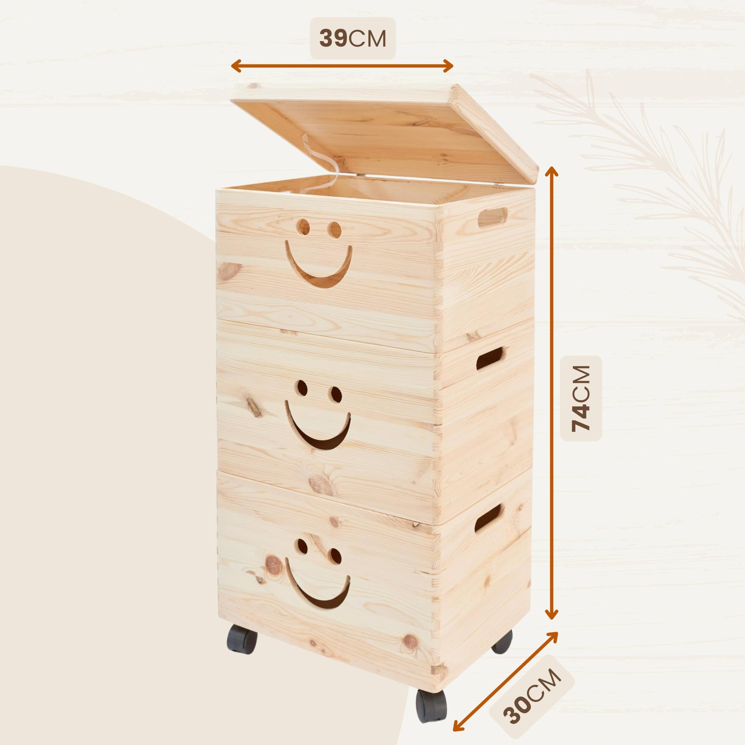 Pinus Spielzeugkiste 3er Set Lächeln mit Deckel 39x30x74cm stapelbar Rollen