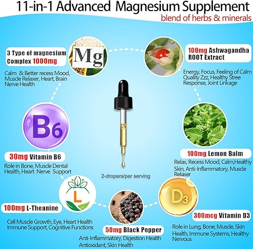 Miniatura 3 de Gotas de L-treonato de magnesio líquido orgánico con glicinato, taurato, bálsamo de limón, Ashwagandha y vitamina C D3, suplemento de complejo de
