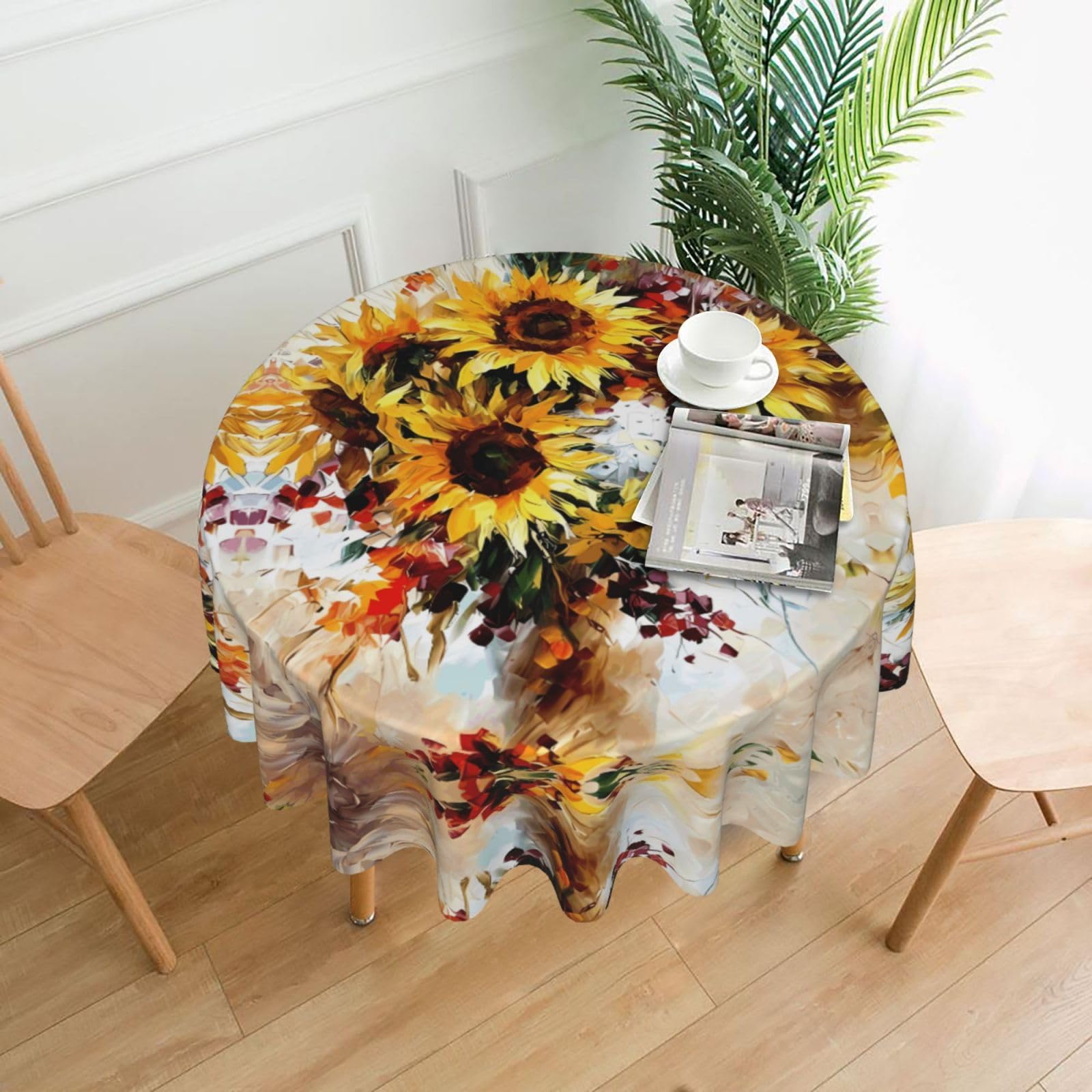 WHJSSF Oil Painting Sunflower Prints Round Decorative Table Throw 60 Inch – Waterproof Table Cover for Dining, Coffee Tables, and Outdoor Events