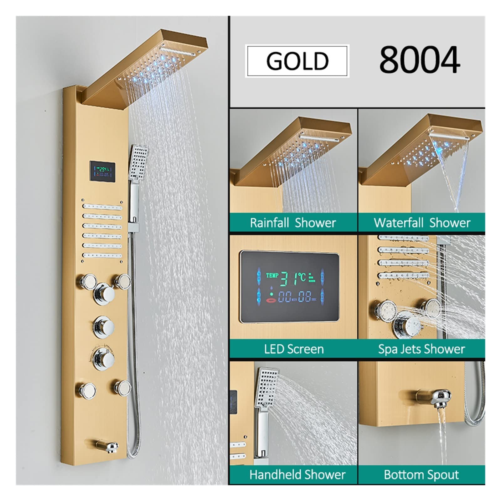 KEZIE faucet LED Shower Panel Tower System Rain Waterfall Shower Column Hydroelectricity LCD Display With Massage Body Spa Bath Shower Faucet Smart faucet (Color : Gold 8004)