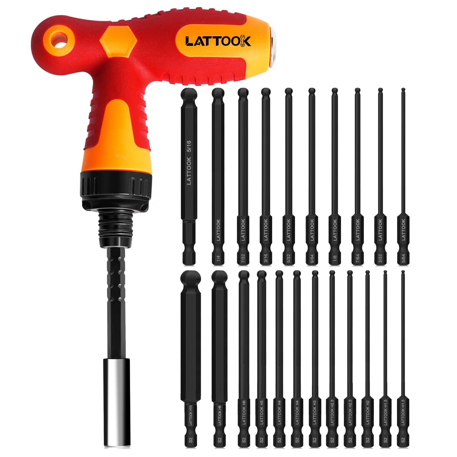Ball End Hex Head Allen Wrench Drill Bit Set with Ratcheting T Handle Bit Driver, LATTOOK 22PCS Metric & SAE Ball End Hex Allen Key Bit Set, S2 Steel,