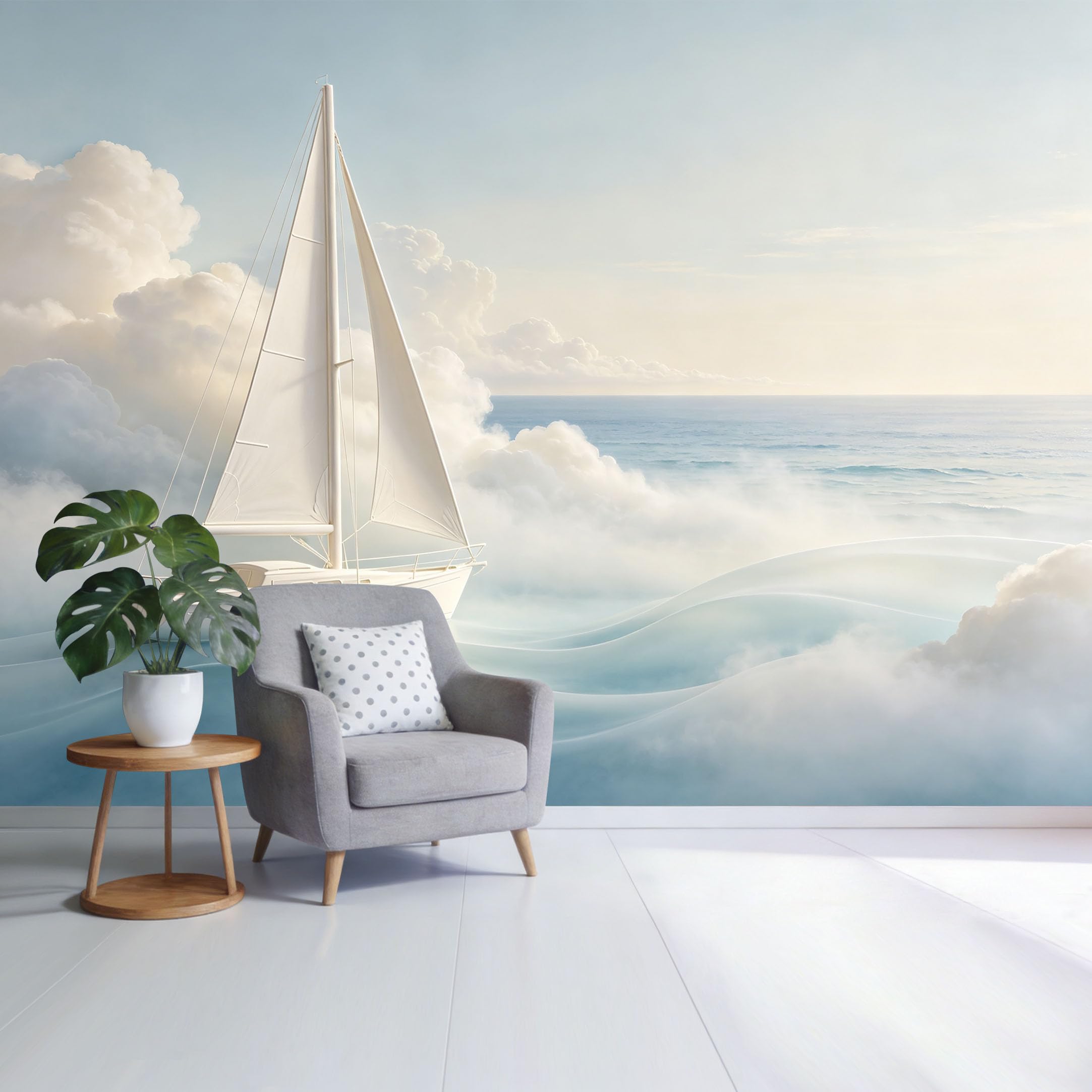 Custom Size Wall Mural Ocean Sailing Yacht Cloud Waves Coastal Seascape Watercolor Style SelfAdhesive Wall Fabric Removable Wallpaper for Home Office Decor