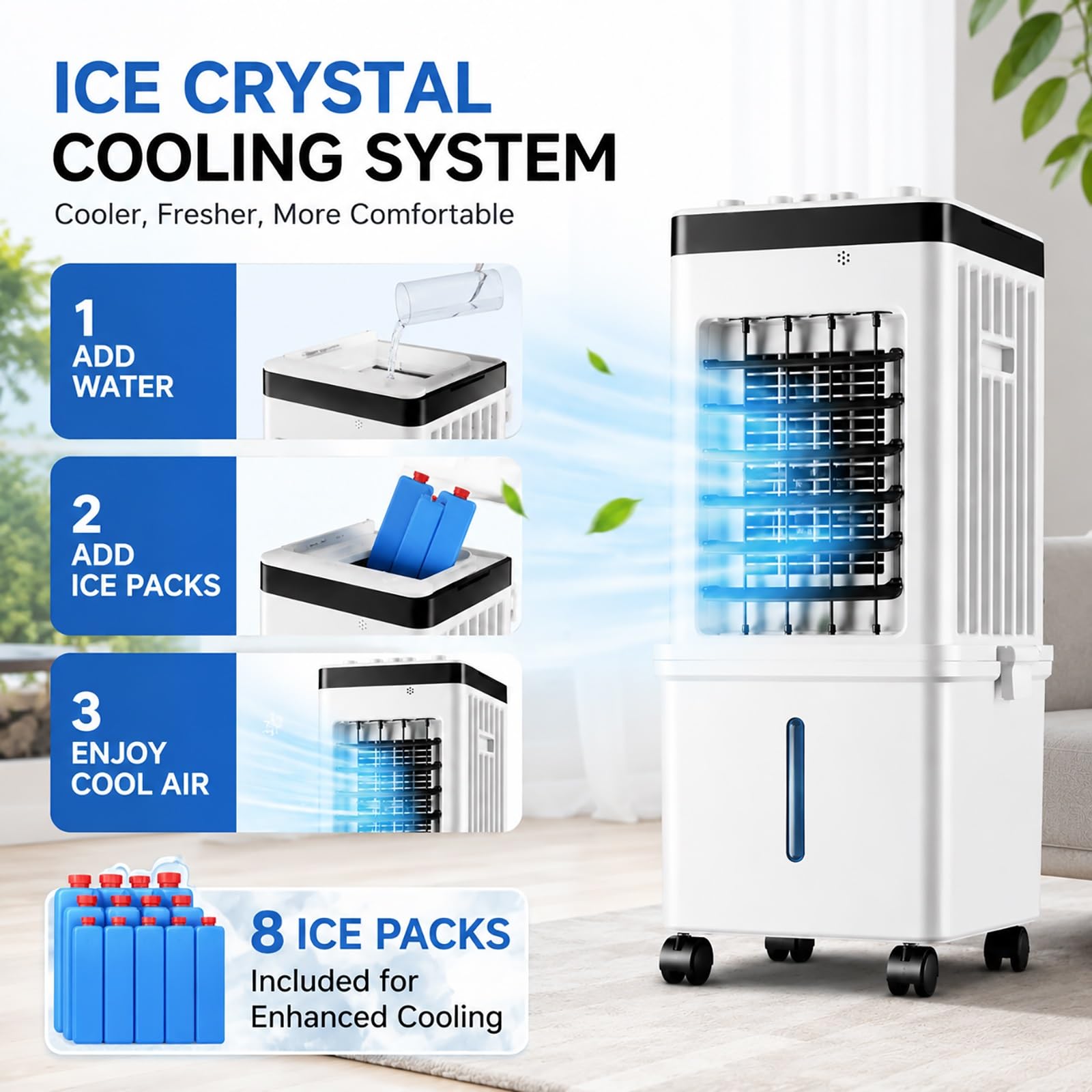 Raffrescatore D'Aria Portatile con Serbatoio d'Acqua da 15 L, Controllo Meccanico, Ventilatore con Ghiaccio per Casa, Camera, Soggiorno e Ufficio