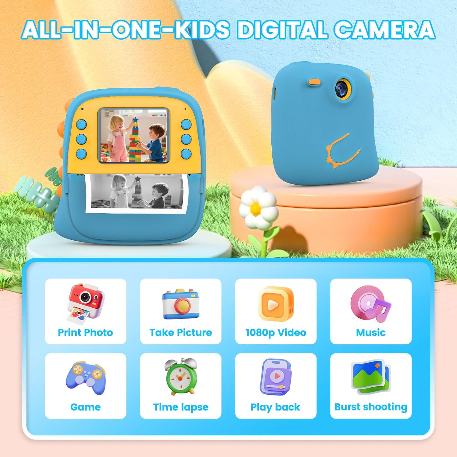 Kids Camera Instant Print,1080P HD Digital Instant Print Camera for Kids, with Print Paper & 32G Card, Holiday Birthday Gifts for Kids Age 3-12, Portable Kids Cameras Toy for Boys Girls