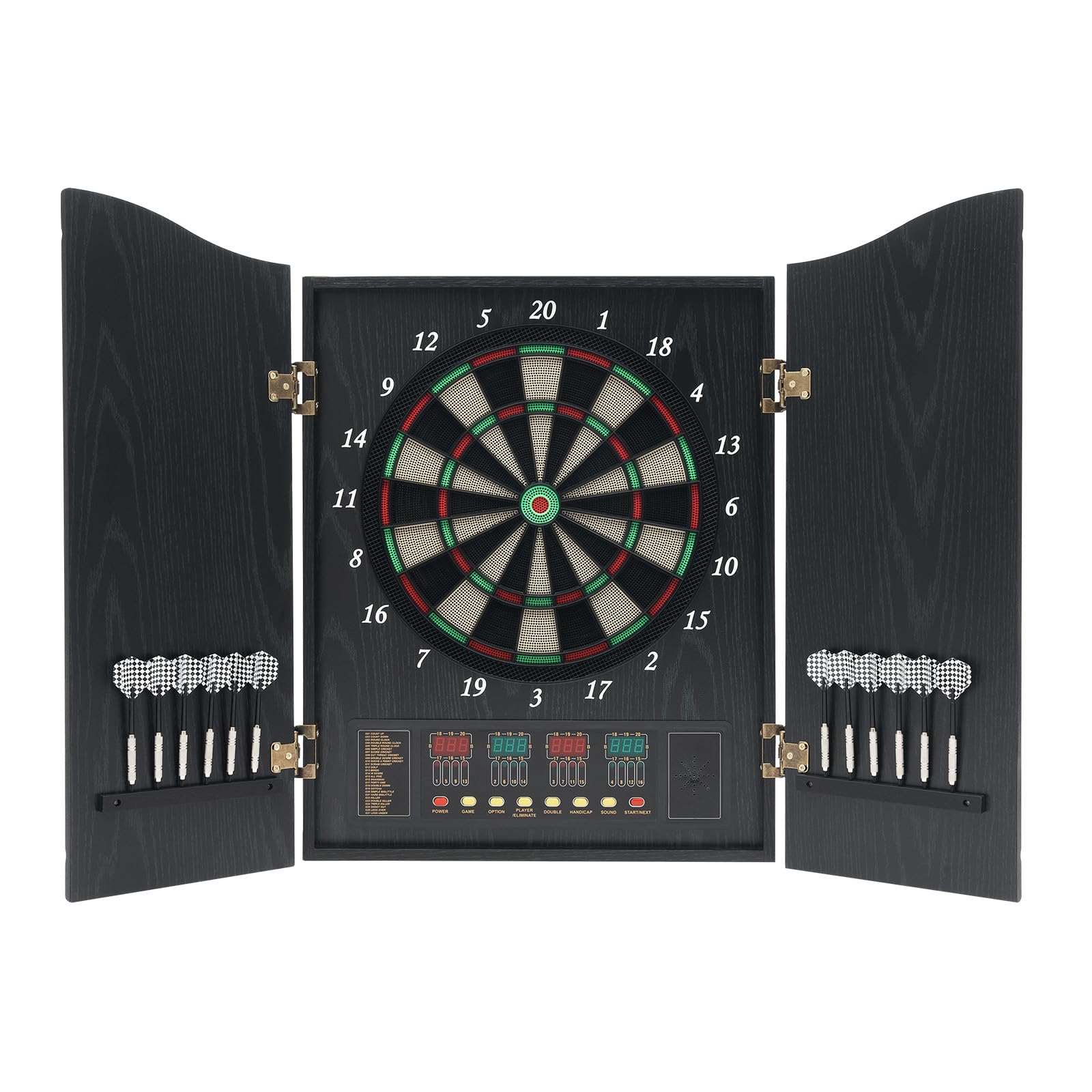 Juegos de Flecha Electrónica, Diana electrónica con mueble de madera, pantalla LED, 12 dardos hasta 16 jugadores, 27 juegos diferentes, 243 variantes de juego