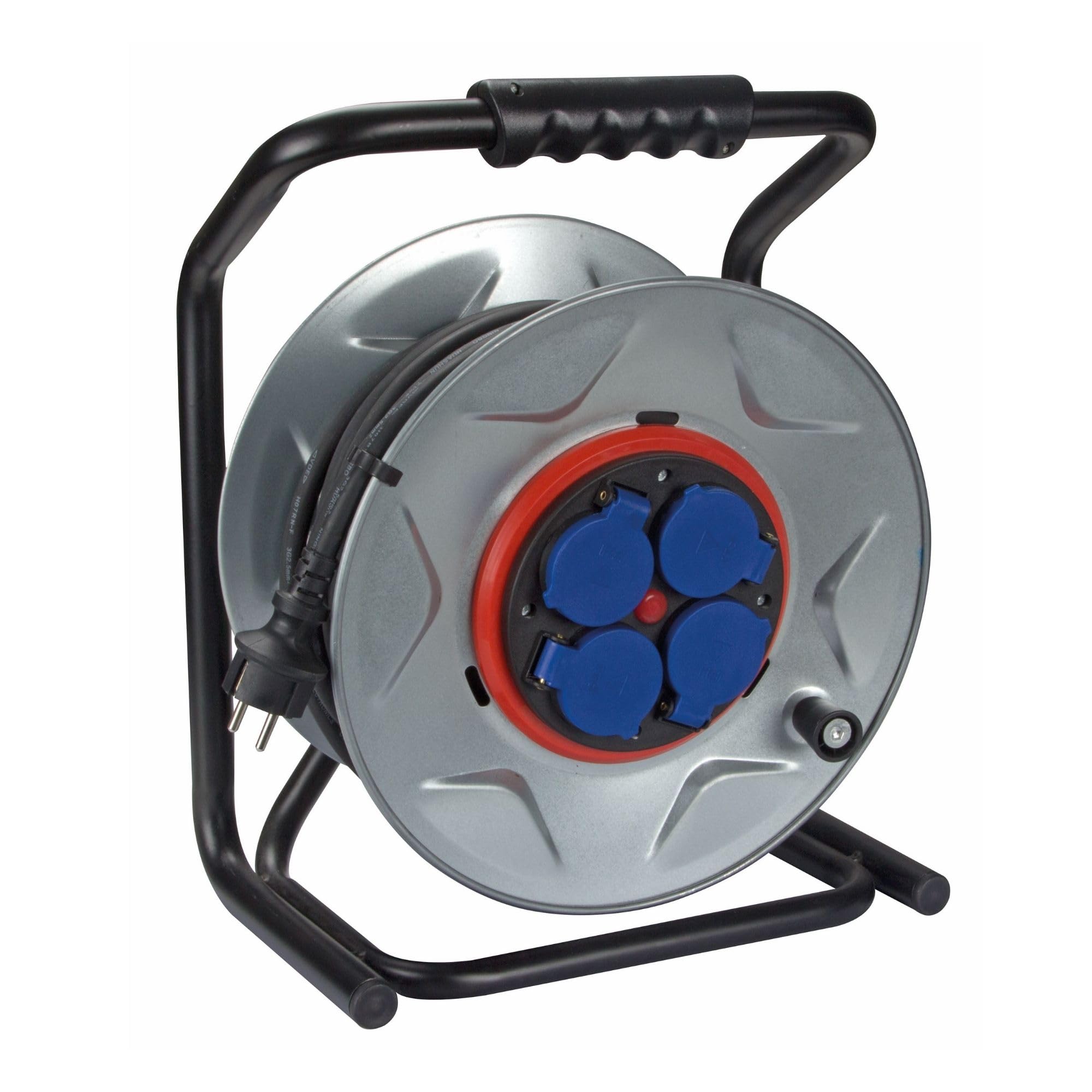 Perel Carrete de cable profesional, uso interior y exterior, resistente a las salpicaduras (IP44), 4 capturas con tierra francesa, sistema anti-tensión, protección térmica, 25 m, 3g2.5, gris/negro