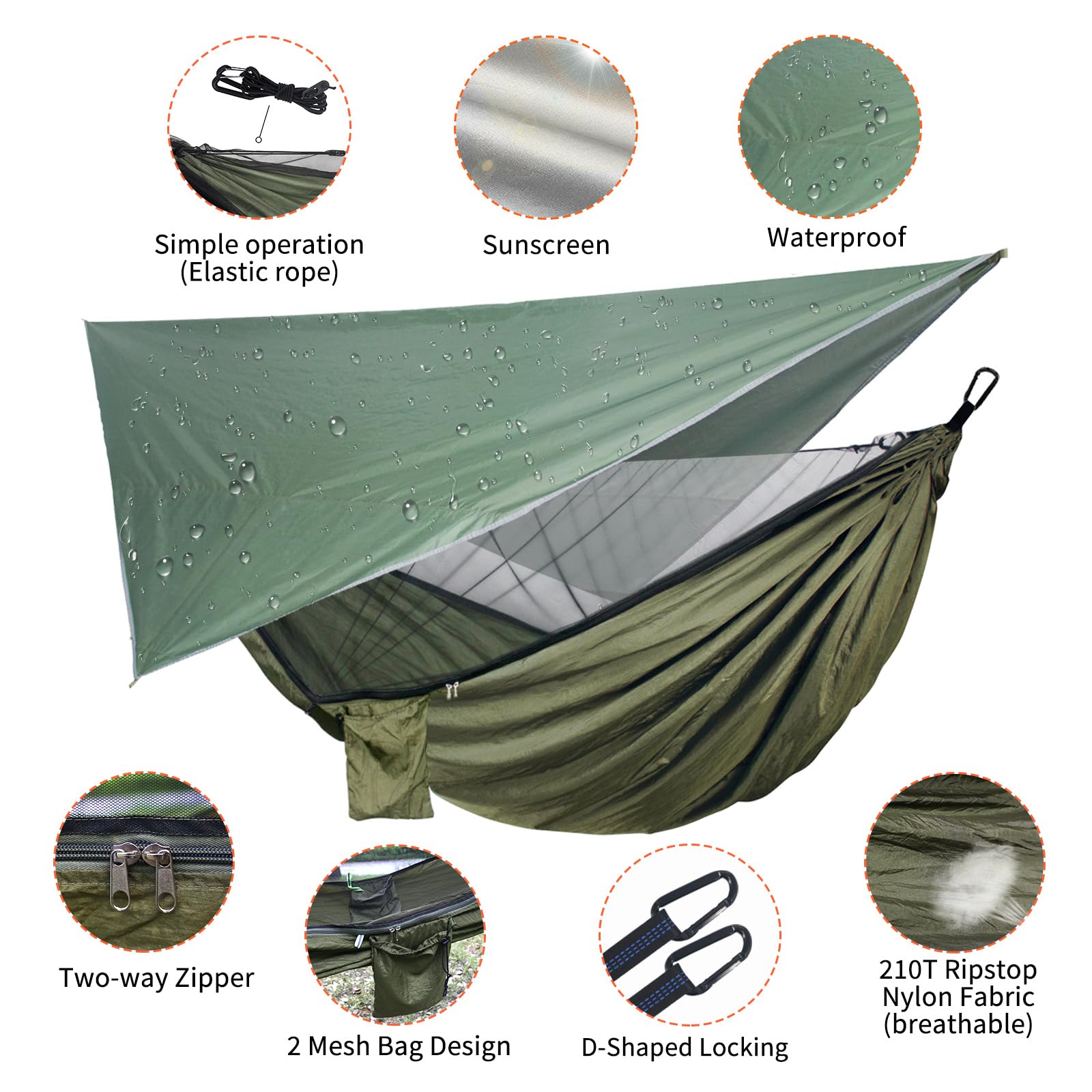 NewDoar Amaca da campeggio con zanzariera e telo antipioggia, amaca singola portatile in nylon per paracadute, con cinghie per alberi, altalena per esterni, zaino in spalla, escursioni in giardino