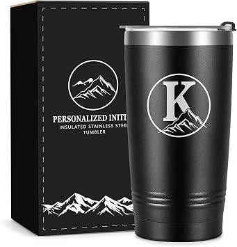 Wasocol Personalized Gifts for Men Initial A-Z Insulated Tumbler Customized Gift, Birthday Gifts for Men Dad Grandpa Husband Boyfriend Brother Him, 20 oz Travel Coffee Mug with Lid(K)
