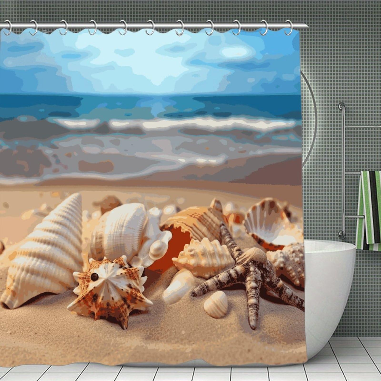 FekiLoot Seashells on The Sandy Beach Shower Curtain Minimalist Thick Bathroom Curtain Washable Modern Bathroom Shower Curtain Heavy Duty Waterproof Cloth Bath Curtain with Hooks 70.8"x70.8"