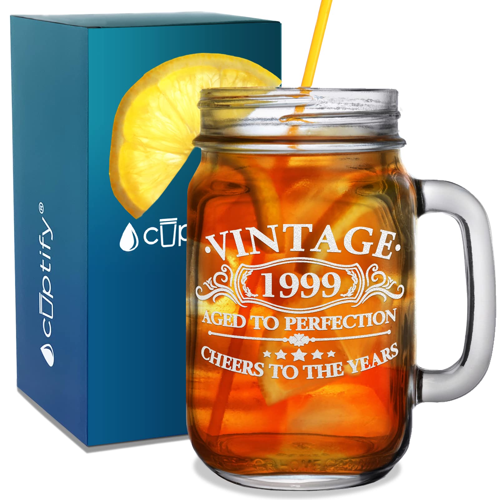 Cuptify 26th Birthday Aged To Perfection 26 Years Old Established 1999 Etched Mason Jar Glass 16 oz Drinking Glasses with Handle