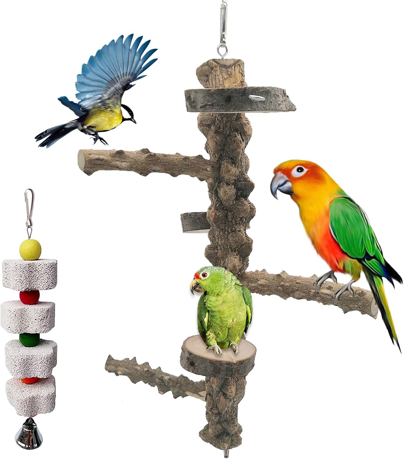PINVNBY Parrot Perch Stand,Natural Wood Hanging Bird Branch Swing Stick Parakeet Climbing Paw Grinding Platform Birds Chewing Toys for…
